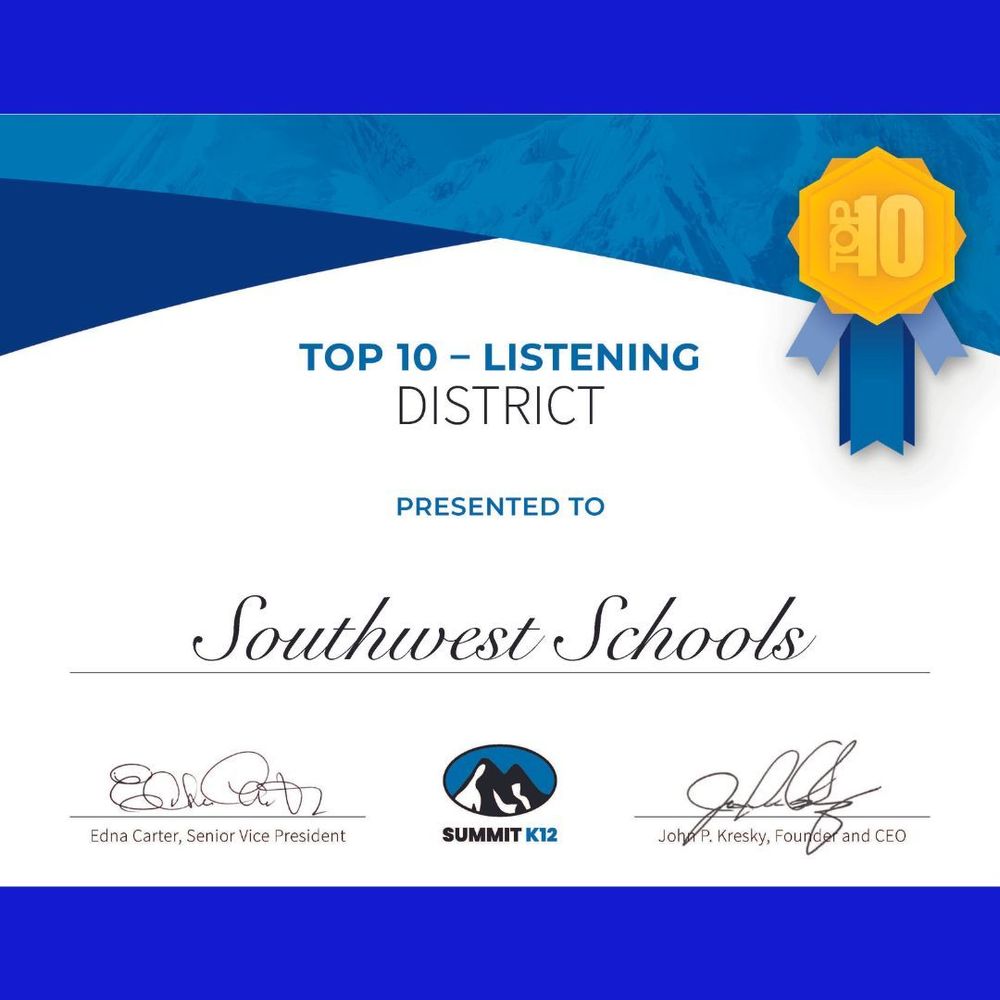 Congratulations Southwest Public Schools!  On behalf of Summit K12’s founder and CEO, John Kresky, Southwest Public Schools has been recognized as a 2022-2023 Texas Top 10 ESL Districts of the Year for the Listening Domain - 4th Place!  Winners are the top performers from over 500 Texas districts using Summit K12!  Summit K12 appreciates Southwest Public School’s dedication and support in helping Accelerate Learning for Emergent Bilingual Students each day.    Congratulations SWPS on this amazing achievement! 