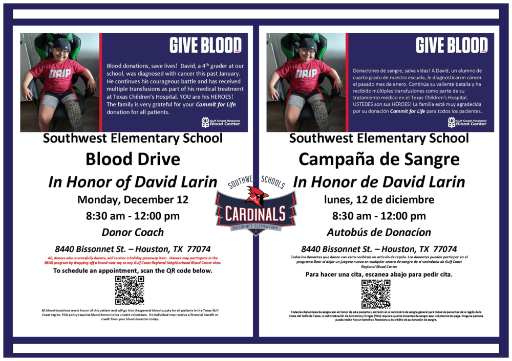 Blood Drive Flyer for David Larin