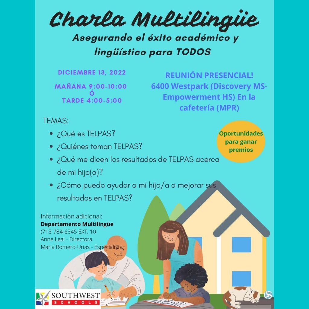 Charla Multilingüe el 13 de diciembre de 2022 en persona en las escuelas DMS/EHS sesión 1 a las 9 am y sesión 2 a las 4 pm
