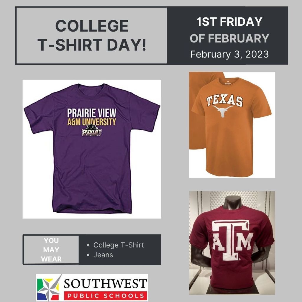 This Friday is College T-shirt Day!  You may wear your college t-shirt and jeans on Friday!    ¡Este viernes es el día universitaria!  Pueden venir 