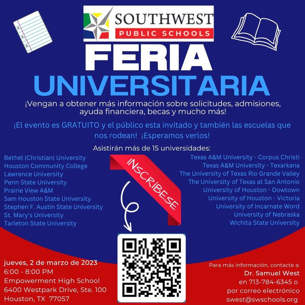 Southwest Public Schools' College Fair March 2, 2023 6 PM to 8 PM  join us to learn more bout applications, admissions, financial aid, scholarships, and more!  Event is FREE and opt to the public and surrounding schools.  We look forward to seeing you!  Over 15 institutions will be in attendance .  