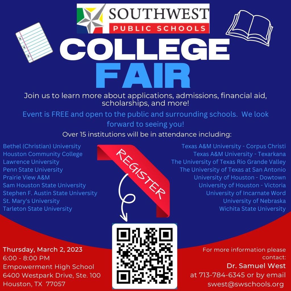Southwest Public Schools’ College Fair, March 2, 2023 at 6 PM to 8 PM! Join us to learn more about applications, admissions, financial aid, scholarships, and more! Event is FREE and open to the public and surrounding schools.  We look forward to seeing you!  Over 15 institutions will be in attendance.