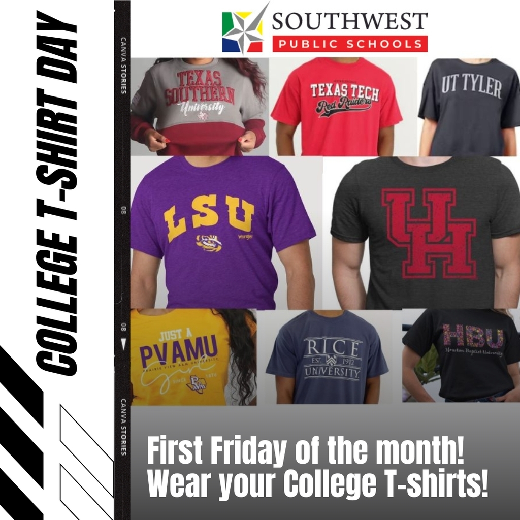 This Friday is College T-shirt Day!  You may wear your college t-shirt and jeans on Friday!  

¡Viernes Universitarios!  Pueden venir con una camiseta universitaria y pantalones de mezclilla este viernes, el 3 de marzo.