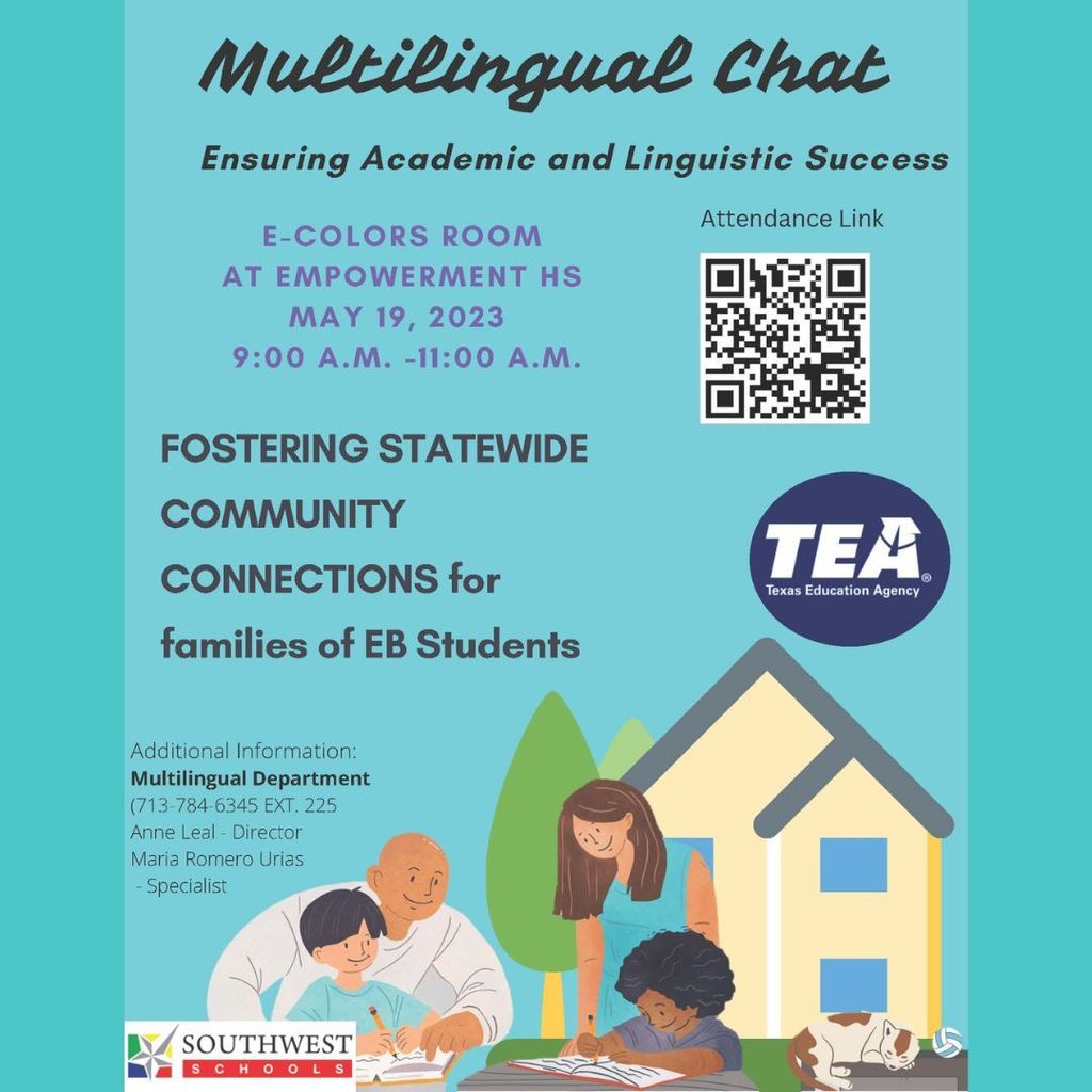 Join us for our Multilingual Chat on Friday, May 19, 2023, in person. 9:00 AM - 11:00 AM  Vengan a nuestra Charla Multilingüe el viernes 19 de mayo de 2023, en persona. 9:00 AM - 11:00 AM