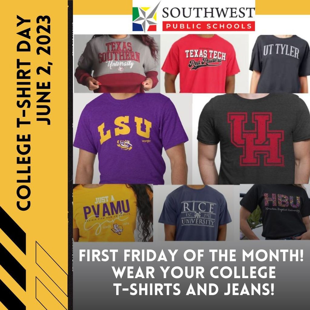 This Friday, June 2nd, is College T-shirt Day! You may wear your college t-shirt and jeans on Friday! ¡Viernes Universitarios! Pueden venir con una camiseta universitaria y pantalones de mezclilla este viernes, el 2 de junio.